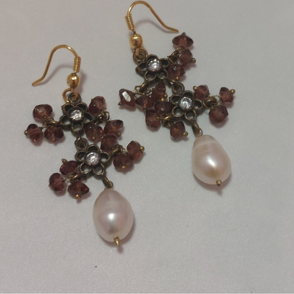 Large Genuine Pearlwith Dangling Beads and Rhinestones Dangle Drop Earrings